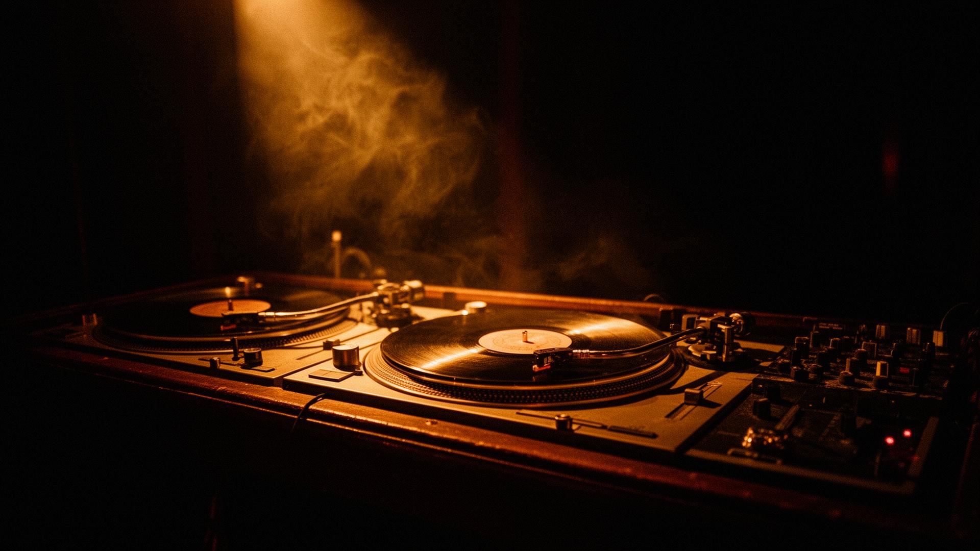 Platines vinyles éclairées par un spot doré dans une ambiance club feutrée